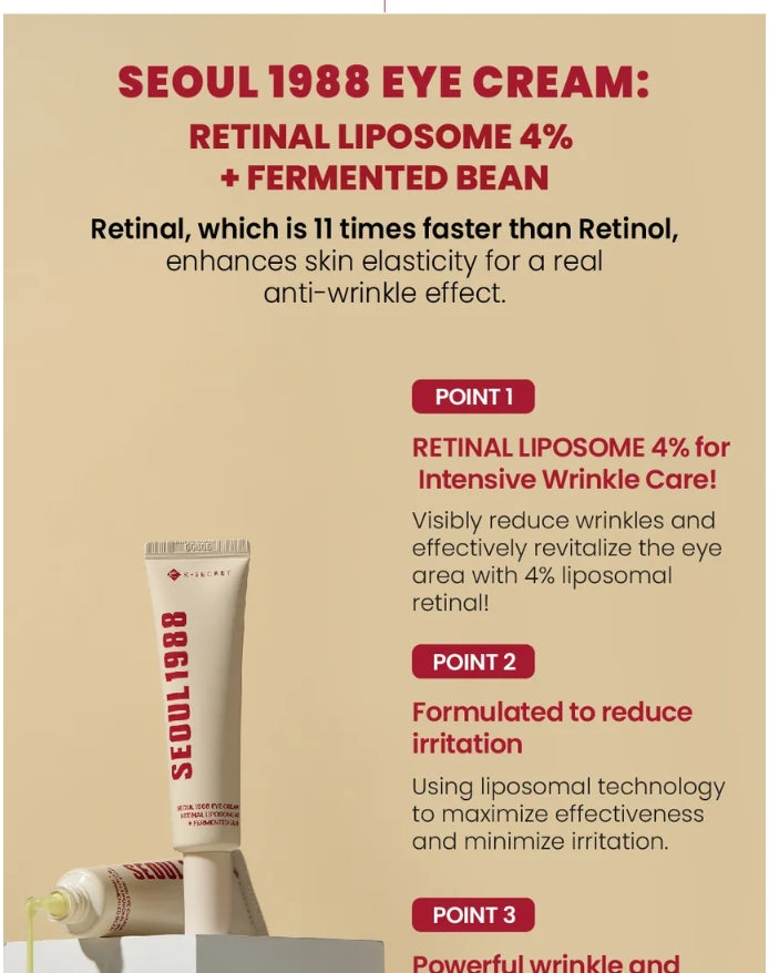 SEOUL 1988 Eye Cream : Rétinal liposome 4 % + extrait de haricot fermenté - Crème contour des yeux